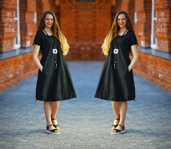 Robe midi en lin noir Robe de poche en lin Robe en lin surdimensionnee Etsy France