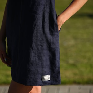 Mini linen summer dress / Charcoal blue linen dress image 8