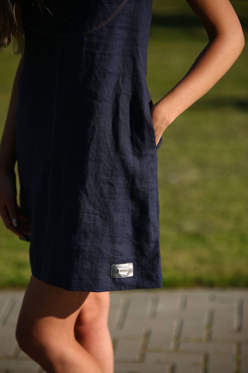 Mini linen summer dress / Charcoal blue linen dress image 8