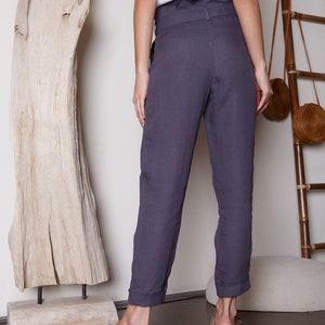 Grey blue linen pants with strap / High waist linen pants with pockets / Linen trousers image 3