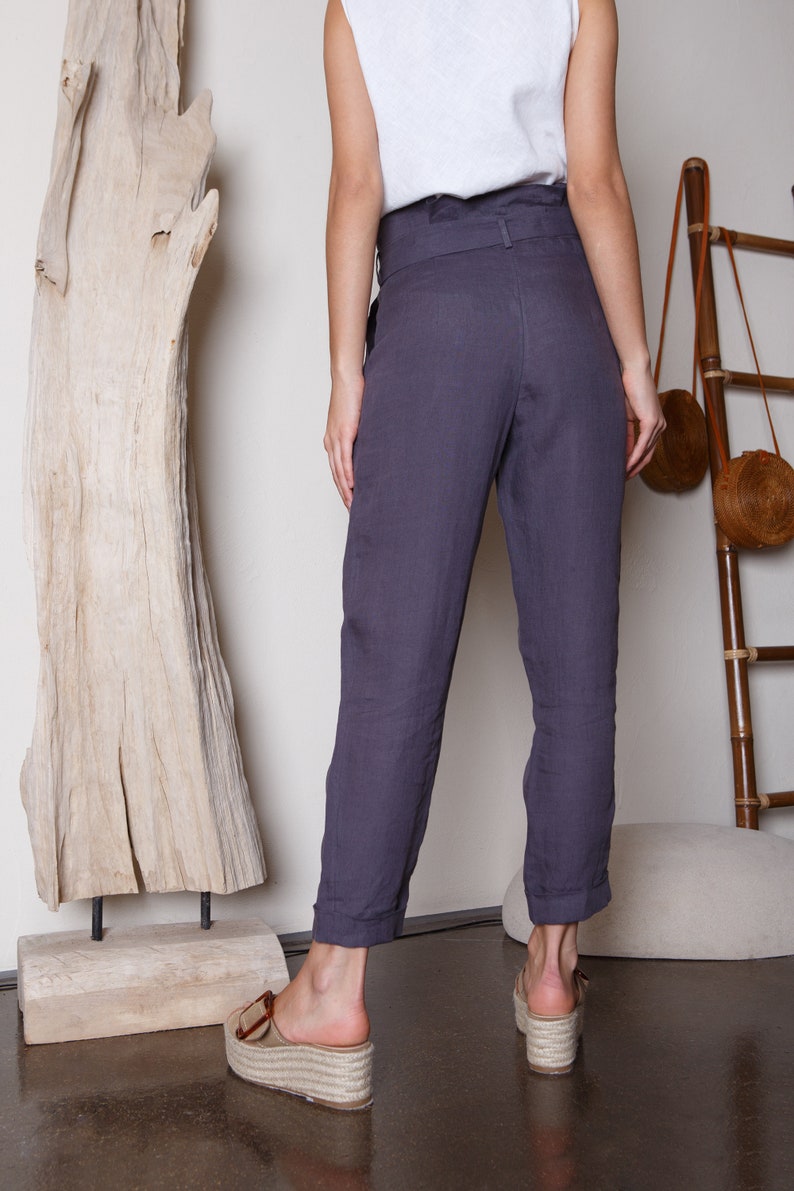 Grey blue linen pants with strap / High waist linen pants with pockets / Linen trousers image 3
