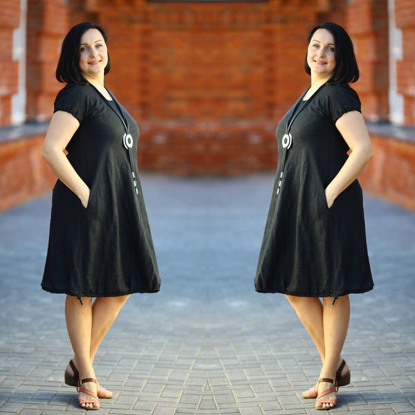 Plus size sommarklänning / Svart plus size linneklänning