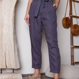 Grey blue linen pants with strap / High waist linen pants with pockets / Linen trousers image 2