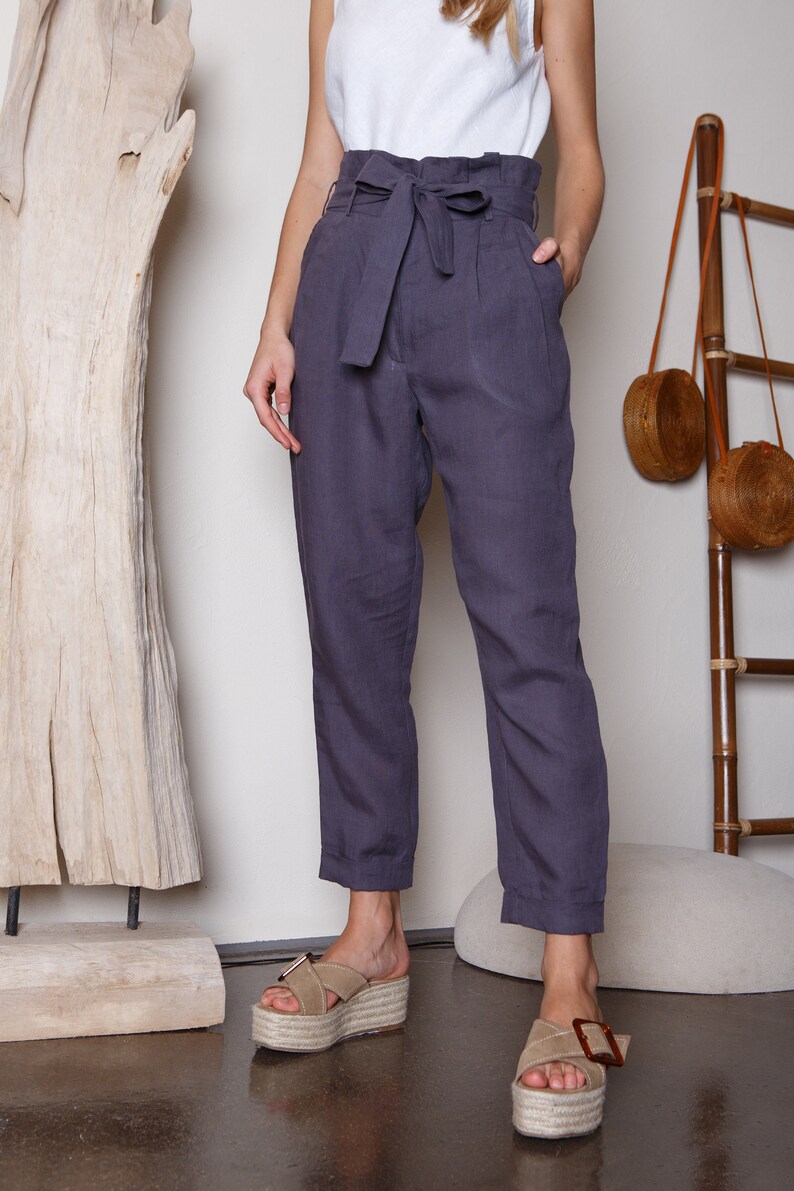 Grey blue linen pants with strap / High waist linen pants with pockets / Linen trousers image 2