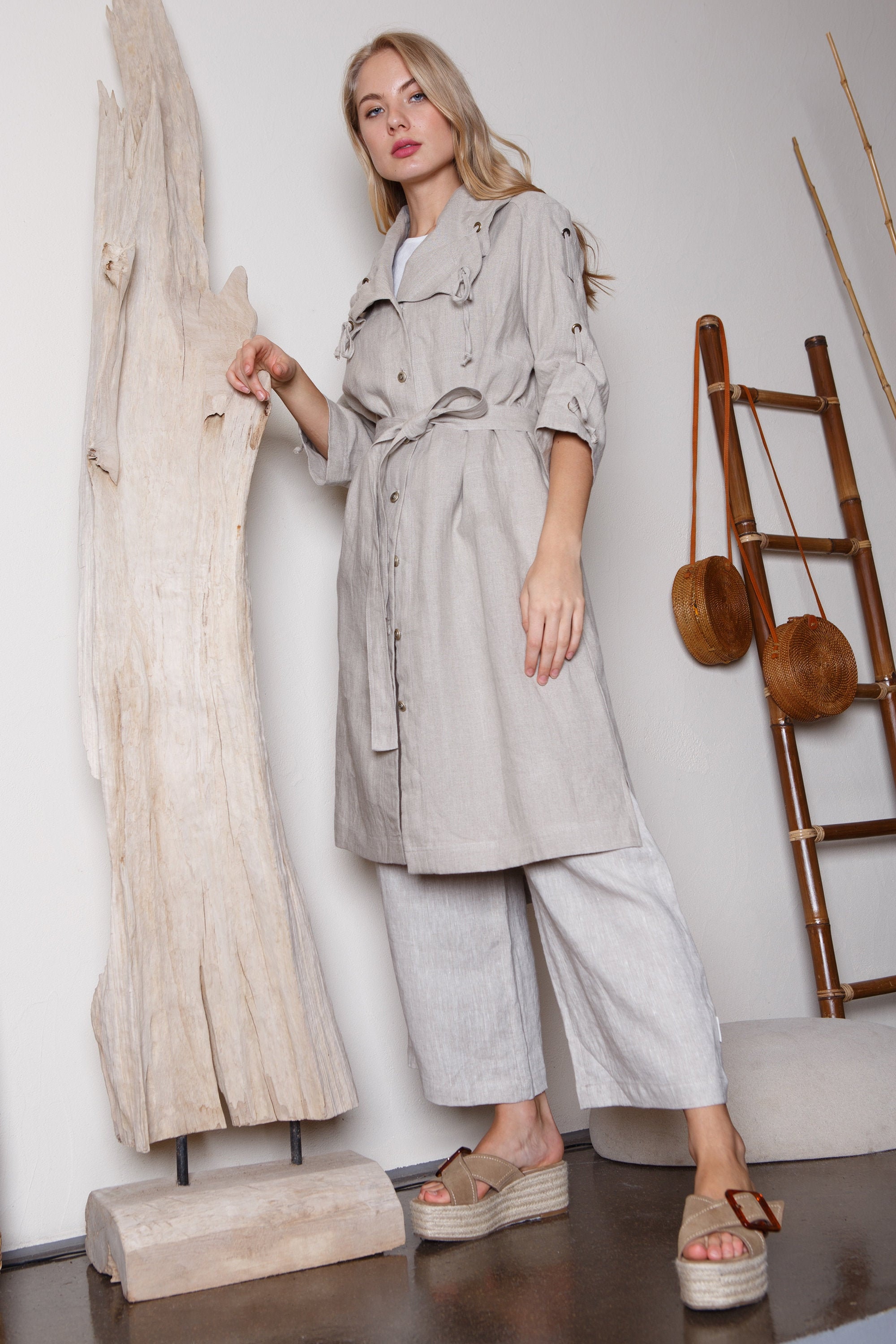 Natural Linen Coat With Strap / Long Oversize Linen Coat - Etsy
