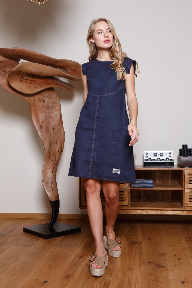 Mini linen summer dress / Charcoal blue linen dress image 1