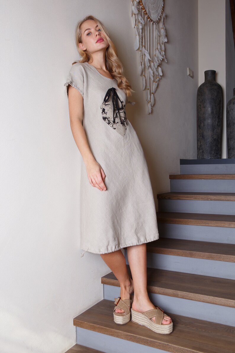 Linen short sleeves dress / Linen summer dress with painting / Made in EU image 1