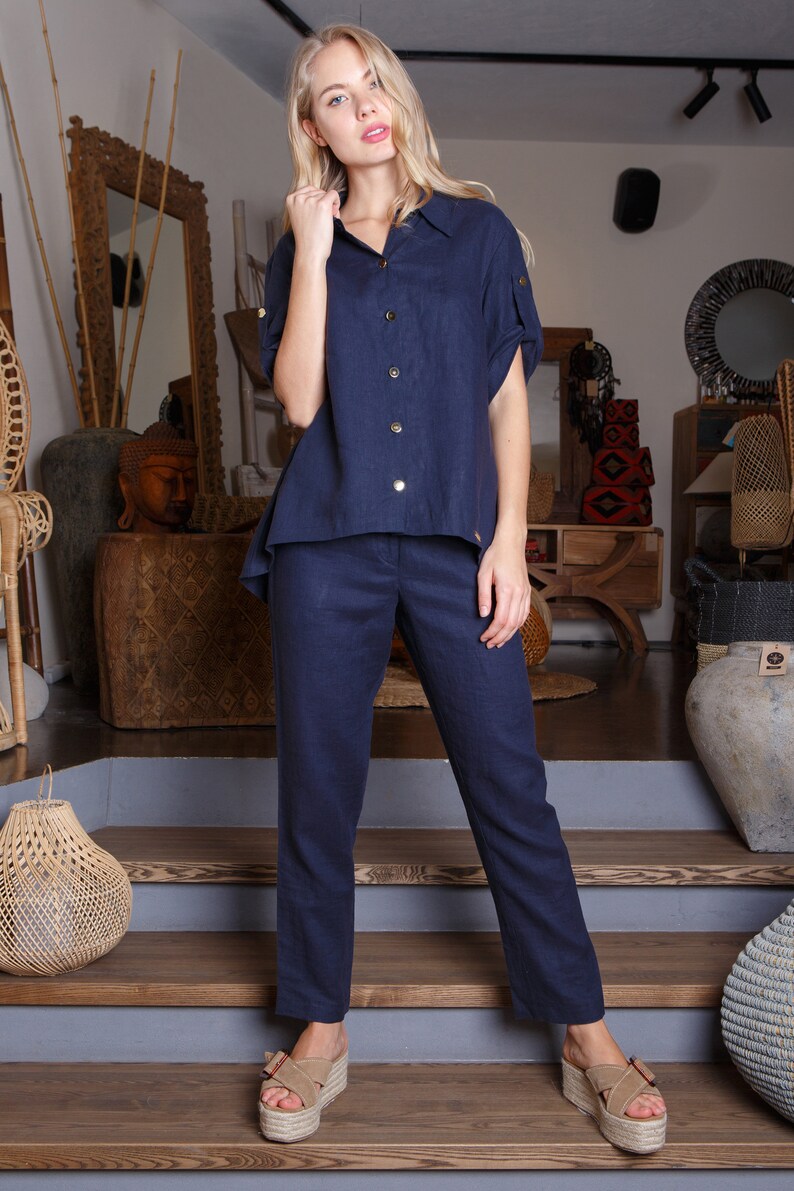 Navy Blue Linen Pants / High Waist Stylish Linen Pants / Etsy