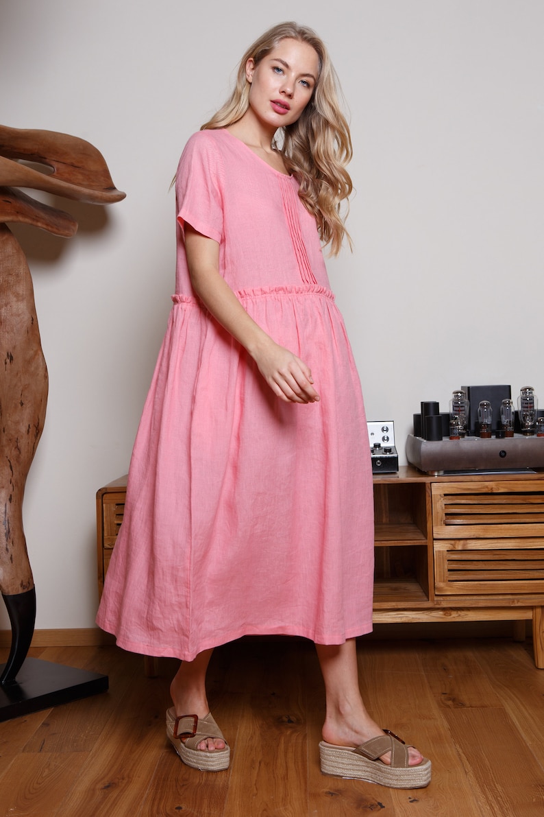 Pink Linen Dress / Loose Linen Dress With Pockets / Maternity Linen