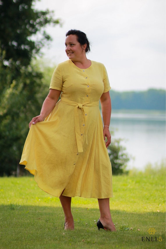 Yellow Linen Dress Plus Size Linen Dress Dress With Belt