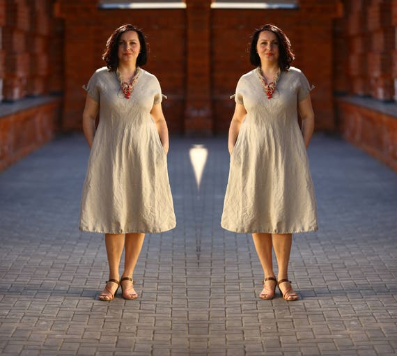 Plus Size Linen Pocket Dress / Natural Linen Dress 