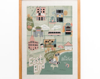 Map of East End Toronto Illustrated Art Print, Giclee Archival Ink, Original Art