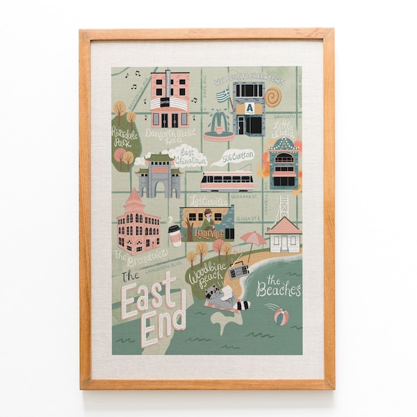 Carte de l'Est de Toronto Illustrated Art Print, Giclee Archival Ink, Original Art