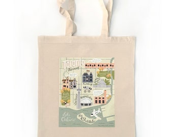 Map of Toronto Tote Bag, Illustrated Cotton Canvas Book Bag, Reusable Tote