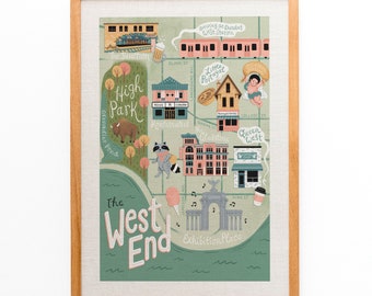 Map of West End Toronto Illustrated Art Print, Giclee Archival Ink, Original Art