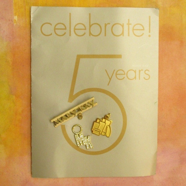 MARY KAY 5-Year Pin Charms With Card ~ Vintage Gold Plate Rhinestone Brooch Charms ~ Mary Kay Cosmetics Consultant Anniversary Brooch Charms