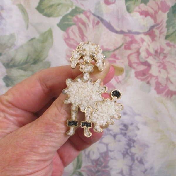 TORTOLANI 24KGP White Black Fluffy Dog Brooch ~ Designer Figural Gold White Black Glass Tesserae Poodle Brooch ~ VINTAGE Signed Dog Brooch