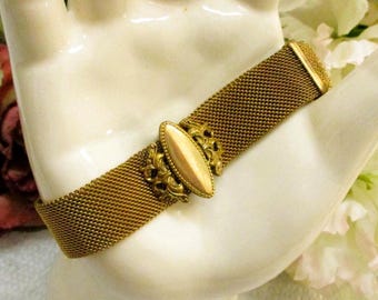 VICTORIAN Gold Filled Mesh Slide Bracelet ~ ANTIQUE Renaissance Swirl Fancy Slide Adjustable Jewelry Book Piece