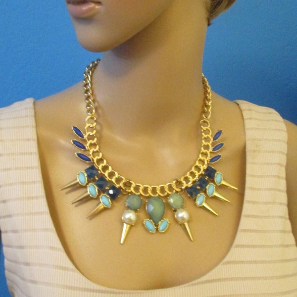 VINTAGE Statement Gold Turquoise Blue Bib Necklace ~ DESIGNER Gold Plate Colorful Mughal Necklace ~ Wide Mogul Style Bib Runway Necklace