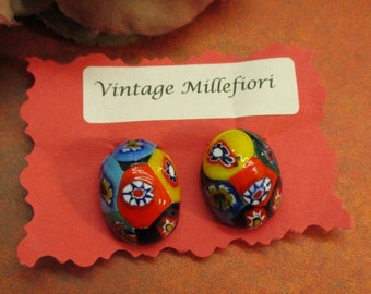 MILLEFIORI Glass Clip Earrings ~ Vintage MURANO Millefiori Primary Colors Earrings ~ Red Yellow Purple Green Blue Black White Glass Earrings