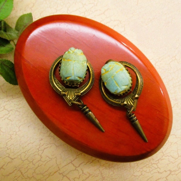 JAN MICHAELS Egyptian Scarab Dangle Earrings ~ VINTAGE Antiqued Brass Ceramic Scarab Clip Earrings ~ Designer Egyptian Revival Earrings