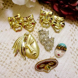 Vintage THEATRE MASK Brooch Lot of 6 ~ Rhinestone, Porcelain, Gold, Silver Masquerade Face Pins ~ PELL
