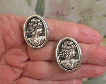 TORTOLANI Sterling Plate Cameo Clip Earrings~DESIGNER Silver Female Cameo Earrings~ VINTAGE Sterling Over Pewter Greek Female Cameo Earrings