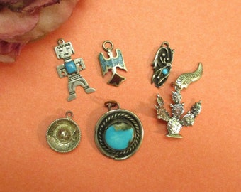 STERLING TURQUOISE Southwest Charm Lot ~ VINTAGE Sterling Silver Turquoise Gemstone Charm Pendant Collection ~ Southwestern Themed Charm Lot