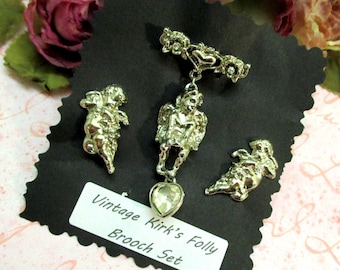 Vintage KIRKS FOLLY Cherub Heart Jewelry Set: Cubic Zirconia Silver Brooch and Clip Earrings
