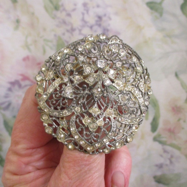 ANTIQUE Rhinestone Silver Pot Metal Brooch ~ 1920 Large Round Openwork Clear Rhinestone Statement Brooch ~ ART NOUVEAU French Lace Brooch