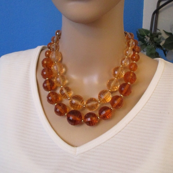CORO Faceted LUCITE Bead Double Strand Necklace~ VINTAGE Goldenrod Autumn Orange Gold Round Bead Necklace~ Designer 1950s Statement Necklace