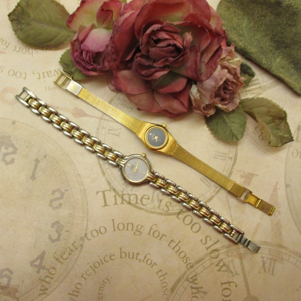 Vintage CITIZEN Quartz Gold Silver Wristwatch Lot ~ Ladies Gold Mesh Silver Gold Link Watch Duo NEEDS BATTERIES ~ Citizen Wrist Watch Lot
