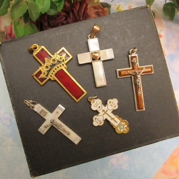 VINTAGE Crucifix Cross Pendant Lot ~ Guilloche Enamel Mother of Pearl Wood Silver Gold Celluloid Religous Cross Lot ~ Mixed Material Crosses