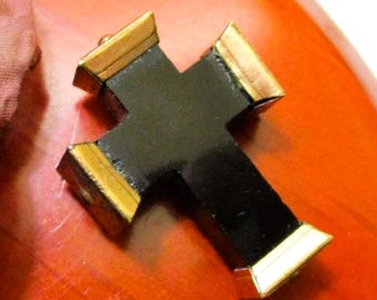 VICTORIAN French Jet Cross Mourning Brooch ~ ANTIQUE Black Glass 10K Gold Filled Statement Jewelry ~ Memento Mori 1800s Cross Pin