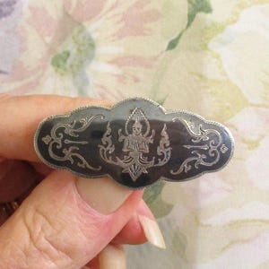 Vintage Siam Sterling Nielloware Brooch: Hindu-Buddhist Deity, Fancy Scroll