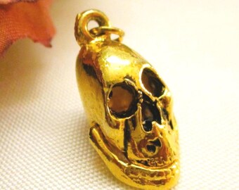 VINTAGE Gold Plated Articulated Skull Charm: Movable Jaw Skeleton Pendant