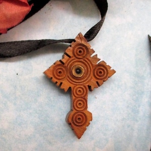 ANTIQUE Stanhope Wooden Cross Necklace: VICTORIAN French Gothic Christian Religious Pendant