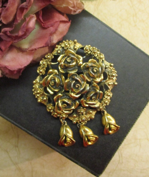 TORTOLANI Antiqued 24K Gold Plate Rose Dangle Bro… - image 5