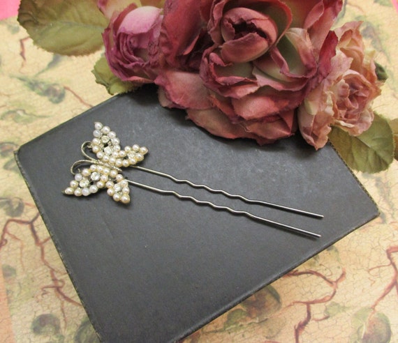 VINTAGE Butterfly Hair Fork ~ Rhinestone Pearl Si… - image 1