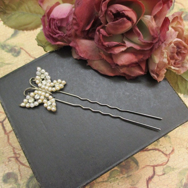 VINTAGE Butterfly Hair Fork ~ Rhinestone Pearl Silver Butterfly Hair Comb Stick Pin Fork ~ Winged BUTTERFLY Pearl Rhinestone Hair Accessory