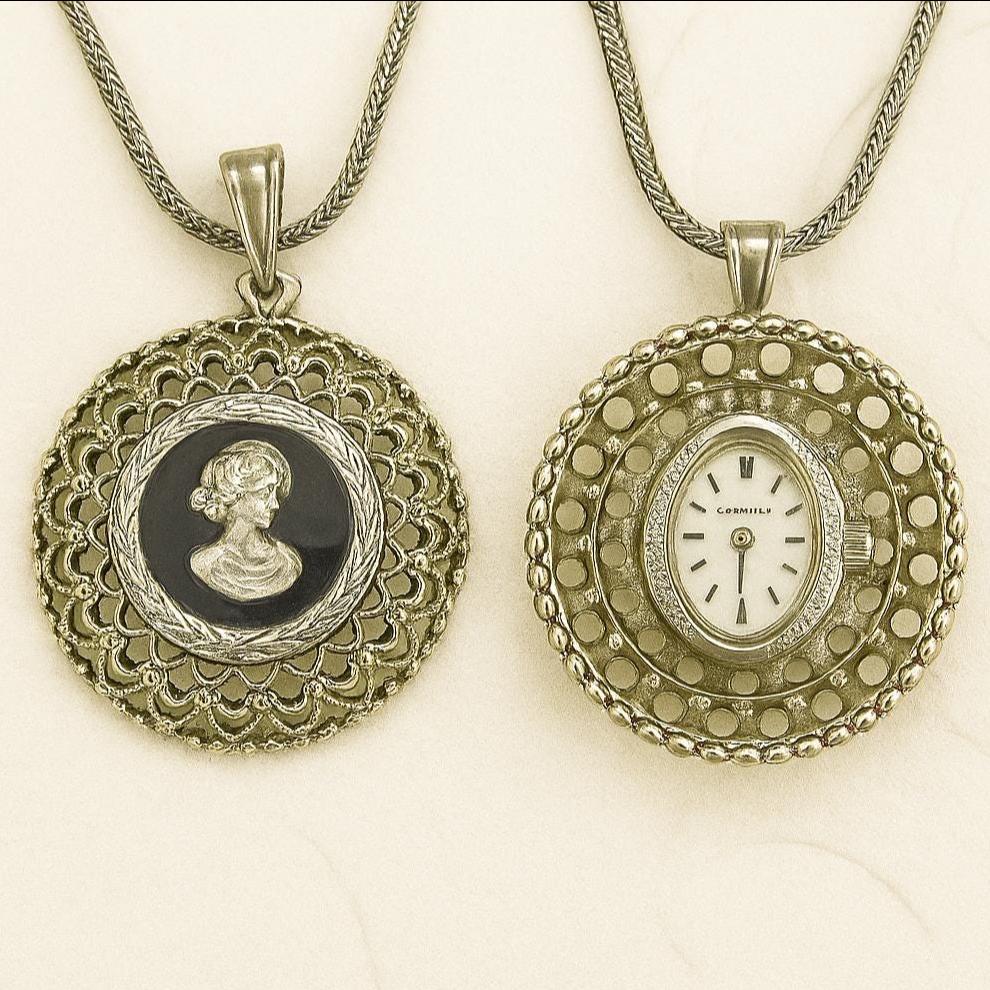 Vintage 1960’s Caravelle Gold-Tone Wind Up Mechanical Pendant. Vintage Caravelle Gold Tone Pendant Watch: Floral Brocade  main image 2