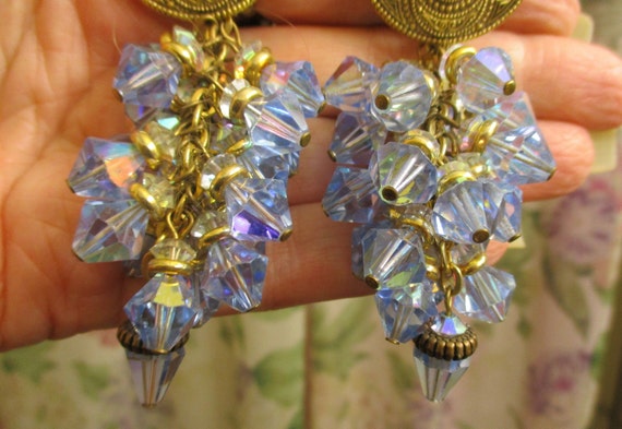Blue AB Crystal Bead Drop Earrings VINTAGE ~ Stat… - image 6