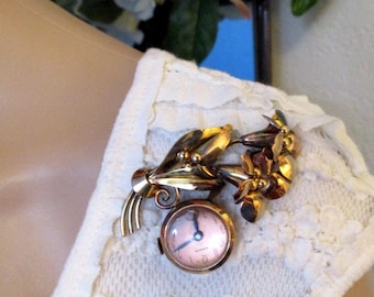 HARMAN Sterling Vermeil Mechanical Watch Brooch ~ 1930s Floral Wind Up Watch Brooch~ RARE Handcrafted Gold Sterling Watch Flower Leaf Brooch