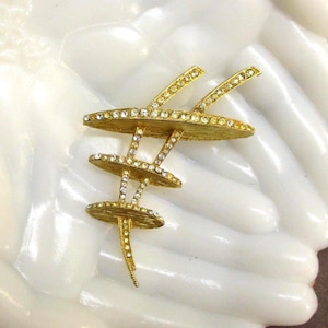 Vintage Atomic Age Brooch: Gold Plate Rhinestone Geometric Brooch
