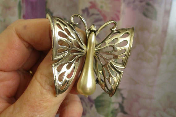 TORTOLANI Butterfly Brooch Pearl Sterling Plate ~… - image 2