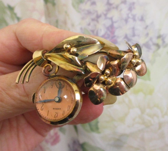 HARMAN Sterling Vermeil Mechanical Watch Brooch ~… - image 3