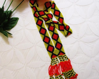 Native American–Inspired Glass Bead Dangle Necklace: VINTAGE Handmade Loom Woven Seed Bead Boho Southwestern Tourist Jewelry