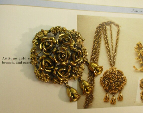 TORTOLANI Antiqued 24K Gold Plate Rose Dangle Bro… - image 8