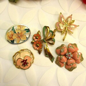 Vintage Pink Enamel Flower Brooch Lot: Mid-Century Floral Pin Collection