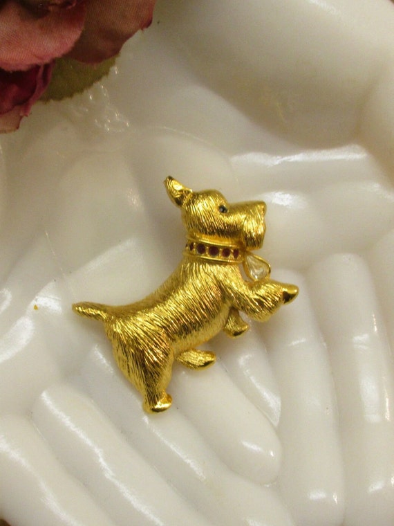 NAPIER Rhinestone Gold Plate Terrier Dog Brooch ~… - image 8